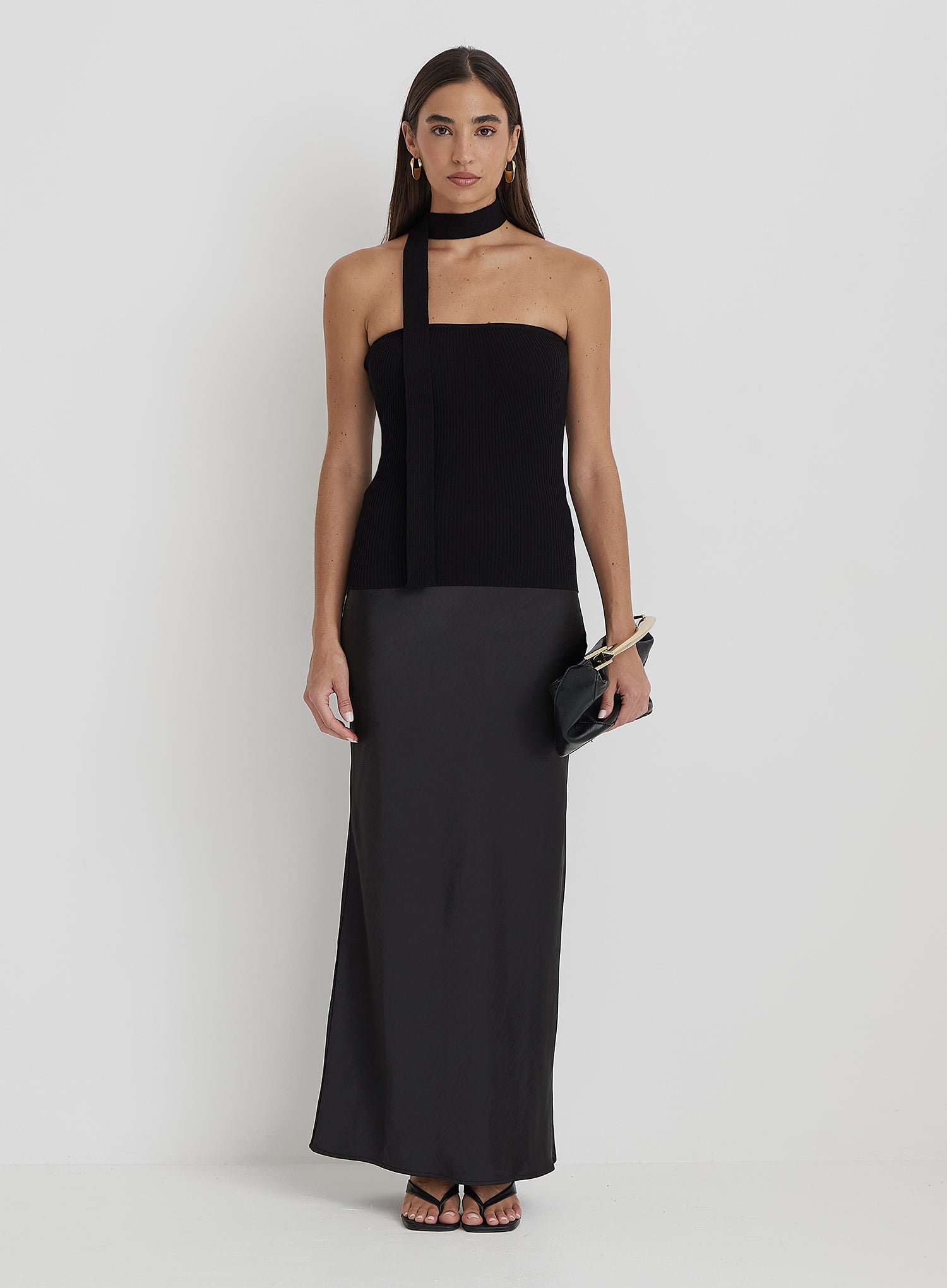 Black Ribbed Knit Bandeau Scarf Top